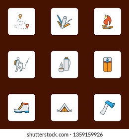 Camping icons colored line set with camping boots, bonfire, axe and other penknife elements. Isolated vector illustration camping icons.