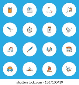 Camping icons colored line set with destination, bonfire, camping boots and other navigation elements. Isolated vector illustration camping icons.