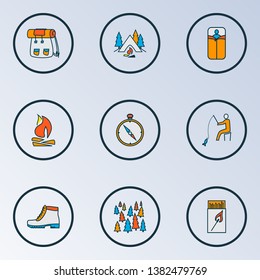 Camping icons colored line set with bonfire, forest, fishing and other bedroll elements. Isolated vector illustration camping icons.