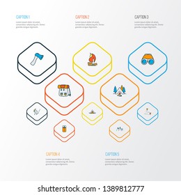 Camping icons colored line set with axe, tent, sleeping bag and other hatchet elements. Isolated vector illustration camping icons.