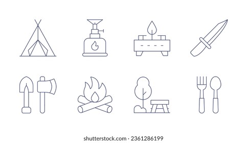 Camping icons. editable stroke. Containing tent, camping gas, stove, knife, tools, bonfire, picnic table, cutlery.