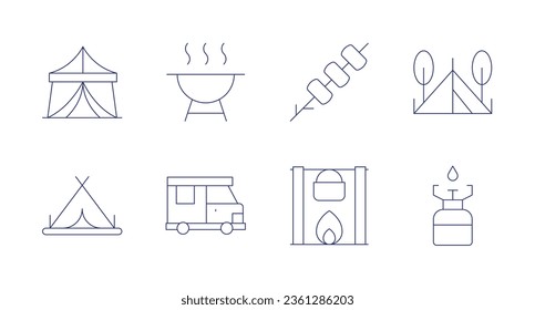 Iconos de acampada. trazo editable. Contienen carpa, barbacoa, malvaviscos, carpa de campamento, furgoneta de campaña, cacerola de fuego, gas.