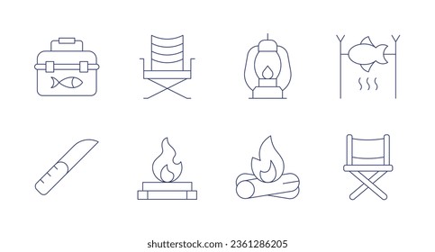 Camping icons. editable stroke. Containing tackle box, camping chair, lantern, grill, pocket knife, bonfire, firewood, chair.