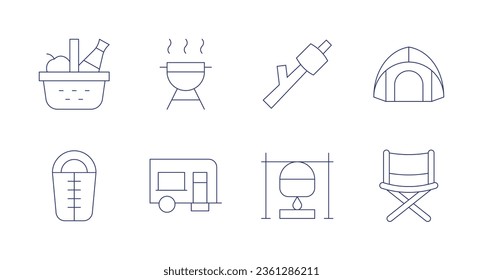 Camping icons. editable stroke. Containing picnic basket, barbecue, marshmallow, camping tent, sleeping bag, camper van, pot on fire, folding chair.