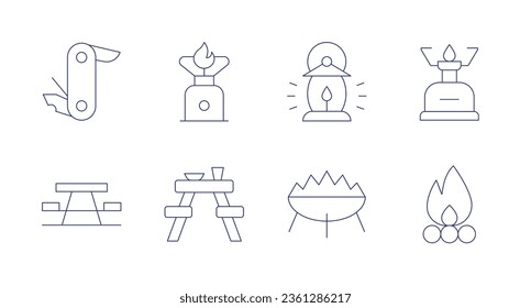 Camping icons. editable stroke. Containing swiss knife, camping, lantern, camping gas, picnic table, bench, fire, bonfire.