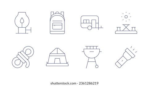 Camping icons. editable stroke. Containing oil lamp, backpack, caravan, camping table, rope, tent, grill, flashlight.