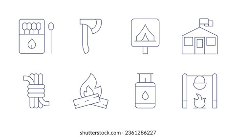 Camping icons. editable stroke. Containing matches, axe, camping zone, barracks, rope, bonfire, gas stove, campfire.