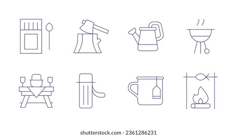 Camping icons. editable stroke. Containing matches, axe, watering can, barbecue, picnic table, thermo, enamel, bonfire.