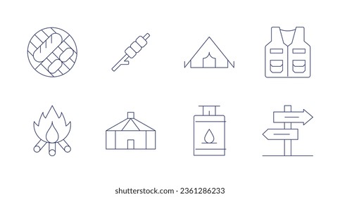 Camping icons. editable stroke. Containing barbecue, marshmallows, camping tent, vest, campfire, yurt, gas, directional sign.