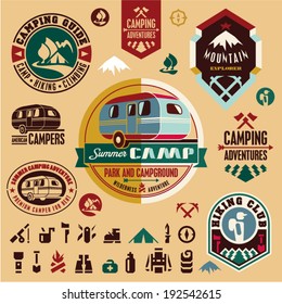 Camping icons. Camping equipment. Mountain. Camper. Camp badges and labels set.