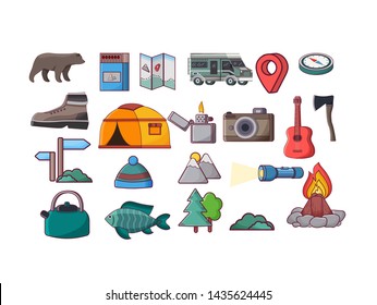 Camping icons equipment vector collection on white background. Autumn forest camping -campfire, tree, camping tent, bonfire, kettle, lantern, guitar, matches, bear,compass, flashlight, holiday camp. 
