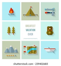 Camping icons flat design. EPS 10. Transparency. No gradients.