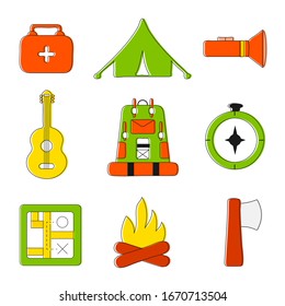 Camping icons in flat. Camping festival. Rest at nature flar icons. Tent, logs, bonfire, first aid kit, guitar,compass and other.  Camp Vector.