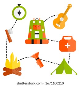 Camping icons in flat. Camping festival. Rest at nature flar icons. Tent, logs, bonfire, first aid kit, guitar,compass and other.  Camp Vector.