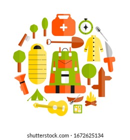 Camping icons in flat. Hiking icons set. Set of camping equipment symbols and icons. Camping festival. Rest at nature flar icons. Camp Vector.