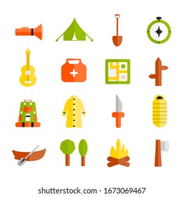 Iconos de acampada en plano. Juego de iconos de senderismo. Conjunto de símbolos e iconos del equipo de camping. Festival de camping. Descansa en los iconos de la naturaleza.  Vector del campamento.