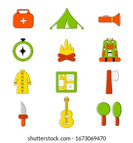 Camping icons in flat. Hiking icons set. Set of camping equipment symbols and icons. Camping festival. Rest at nature flar icons. Camp Vector.