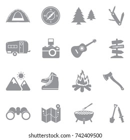 Camping Icons. Gray Flat Design. Vector Illustration. 