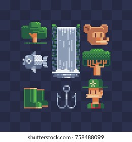 Camping Icons. Green Tree, Waterfall, Rubber Boots, Bear, Hook, Fish And Traveler. Isolated Vector Illustration. Pixel Art Style. 8-bit Sprite. Old School Computer Graphic Style. Flat Pixel Art Set.