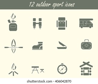 Camping icons, grey signs on light, graphics. Design element, vector