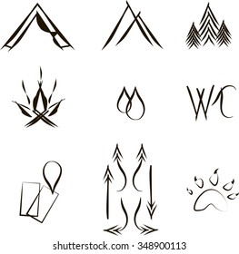 Camping icons, hand drawing, black lines on a white background. Signs of the place for tent, mountain, forest, place for a bonfire, water, WC, map, arrow, wild animals