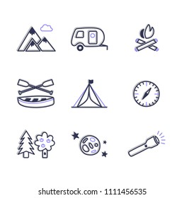 Camping Icons Hand-Drawn set includes mountains, camper trailer, camp fire, canoe, tent, compass, trees, moon with stars and flashlight
