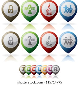 Camping icons to illustrate miscellaneous camping features, pictured here from left to right: Park is not secure, Pick Your Own Site, Fire allowed, Family friendly.