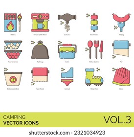 Camping Icons Including Biodegradable; Bowl; Paper; Towels; Swimsuit; Hiking; Shoes; Gloves; Food; Containers; Trash; Bags; Cooler; Kitchen; Cutleries; Foil; Matches; Portable; Coffee; Maker; 