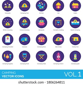 Camping Icons Including Campsite, Tent, RV Park, Hut, Cabin, Winter, Canoe, Backpack, Campfire Cooking, Beach, Checklist, Caravan, Store, Kids Camp, Family, Supplies, Chair, Table, Lantern, Light.