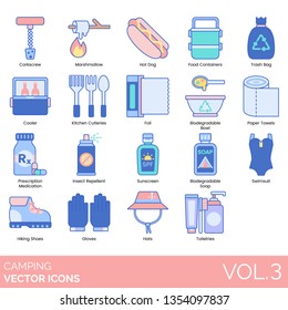 Camping Icons Including Corkscrew, Marshmallow, Hot Dog, Food Container, Trash, Cooler, Kitchen Cutleries, Foil, Biodegradable Bowl, Paper Towel, Prescription Medication, Insect Repellent, Sunscreen.