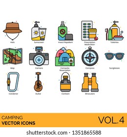 Camping icons including hat, sunscreen, insect repellent, prescription, medication, toiletries, map, camera, campsite, reservation, compass, sunglasses, carabiner, guitar, canteen, binoculars.