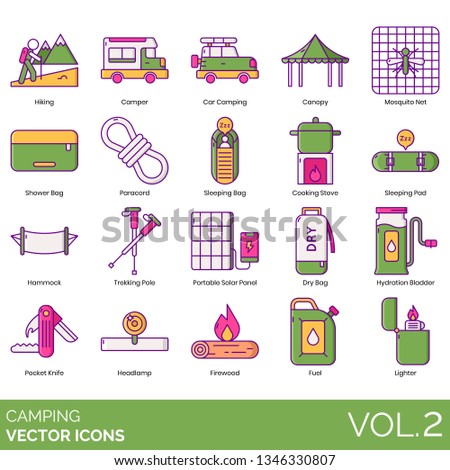 Camping icons including hiking, camper, car, canopy, mosquito net, shower bag, paracord, sleeping, cooking stove, pad, hammock, trekking pole, portable solar panel, dry, hydration bladder, headlamp.