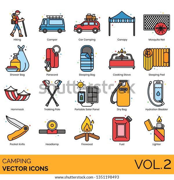 Camping icons including hiking, camper, car,\
canopy, mosquito net, shower bag, paracord, sleeping, cooking\
stove, pad, hammock, trekking pole, portable solar panel, dry,\
hydration bladder,\
knife.