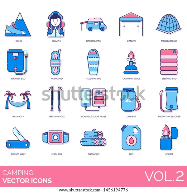Camping icons including hiking, camper, car,\
mosquito net, shower bag, paracord, stove, pad, hammock, trekking\
pole, portable solar panel, dry, hydration bladder, pocket knife,\
firewood, fuel,\
lighter