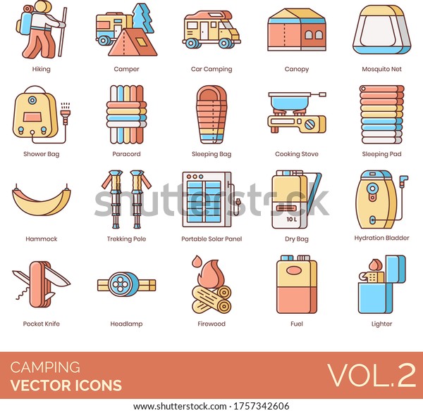 Camping icons including hiking, camper, car,\
canopy, mosquito net, shower bag, paracord, sleeping, cooking\
stove, pad, hammock, trekking pole, portable solar panel, hydration\
bladder, pocket knife.