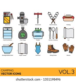 Camping Icons Including Matches, Portable Coffee Maker, Corkscrew, Marshmallow, Hot Dog, Food Container, Trash Bag, Cooler, Kitchen Cutleries, Foil, Biodegradable Bowl, Paper Towel, Swimsuit, Hiking.