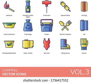 Camping Icons Including Matches, Portable Coffee Maker, Corkscrew, Marshmallow, Hot Dog, Food Container, Trash Bag, Cooler, Kitchen Cutleries, Foil, Biodegradable Bowl, Swimsuit, Hiking Shoes, Gloves.