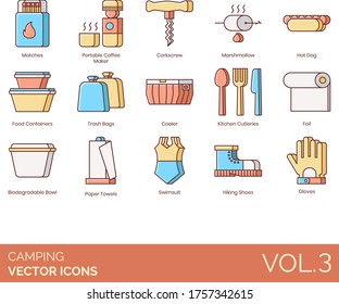 Camping Icons Including Matches, Portable Coffee Maker, Corkscrew, Marshmallow, Hot Dog, Food Container, Trash Bag, Cooler, Kitchen Cutleries, Foil, Biodegradable Bowl, Paper Towel, Swimsuit, Gloves.