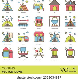 Camping Icons Including Camping; Supplies; Chair; Table; Lantern; Light; Checklist; Caravan; Store; Kids; Camp; Family; Tent; Winter; Canoe; Backpack; Campfire; Cooking; Beach; Campsite; RV; Park; Hut