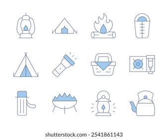 Camping icons. Line Duotone style, editable stroke. thermo, camping tent, kettle, portable, sleeping bag, flashlight, lantern, basket, bonfire, fire.