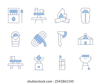 Camping icons. Line Duotone style, editable stroke. yurt, sleeping bag, lighter, camping table, grill, camping, rope, axe, bonfire, matches.