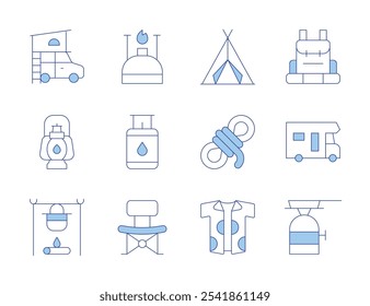 Camping icons. Line Duotone style, editable stroke. pot, camping gas, tent, folding chair, shirt, rope, car, camping, caravan, gas, lantern, gas stove.