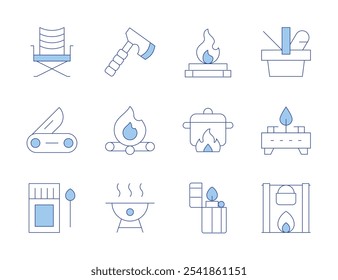 Ícones de Camping. Linha Duotone estilo, curso editável. fósforos, faca suíça, churrasco, vaso no fogo, fogão, cadeira de acampamento, fogueira, acampamento, cesta de piquenique, mais leve.