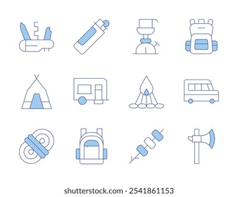 Ícones de Camping. Linha Duotone estilo, curso editável. marshmallows, van, camper van, isqueiro, mochila, fogueira, faca de bolso, corda, tenda, machado, gás de acampamento.