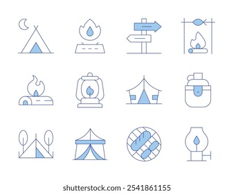 Camping icons. Line Duotone style, editable stroke. lantern, tent, barbecue, directional sign, camping tent, oil lamp, firewood, gas stove, bonfire, water bottle.