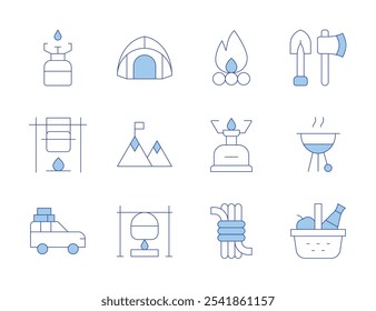 Camping icons. Line Duotone style, editable stroke. gas, hiking, picnic basket, tools, camping tent, pot on fire, cook, car, rope, bonfire, camping gas, barbecue.