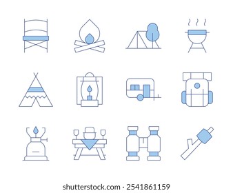 Camping icons. Line Duotone style, editable stroke. camping, picnic table, tent, barbecue, marshmallow, camping gas, bonfire, caravan, camping chair, oil lamp, binoculars.