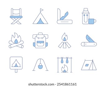 Camping icons. Line Duotone style, editable stroke. bonfire, folding chair, camping, tent, cooking pot, hiking, pocket knife, camping zone.