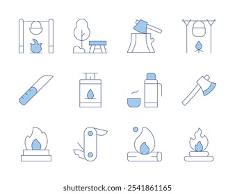 Camping icons. Line Duotone style, editable stroke. axe, bonfire, gas, thermo, picnic table, pot on fire, pocket knife, campfire, swiss knife.