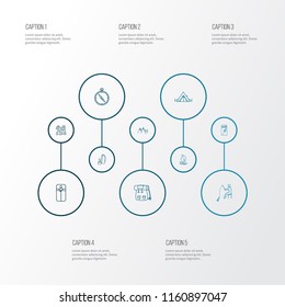 Camping icons line style set with mountains, sleeping bag, matchbox and other navigation elements. Isolated vector illustration camping icons.